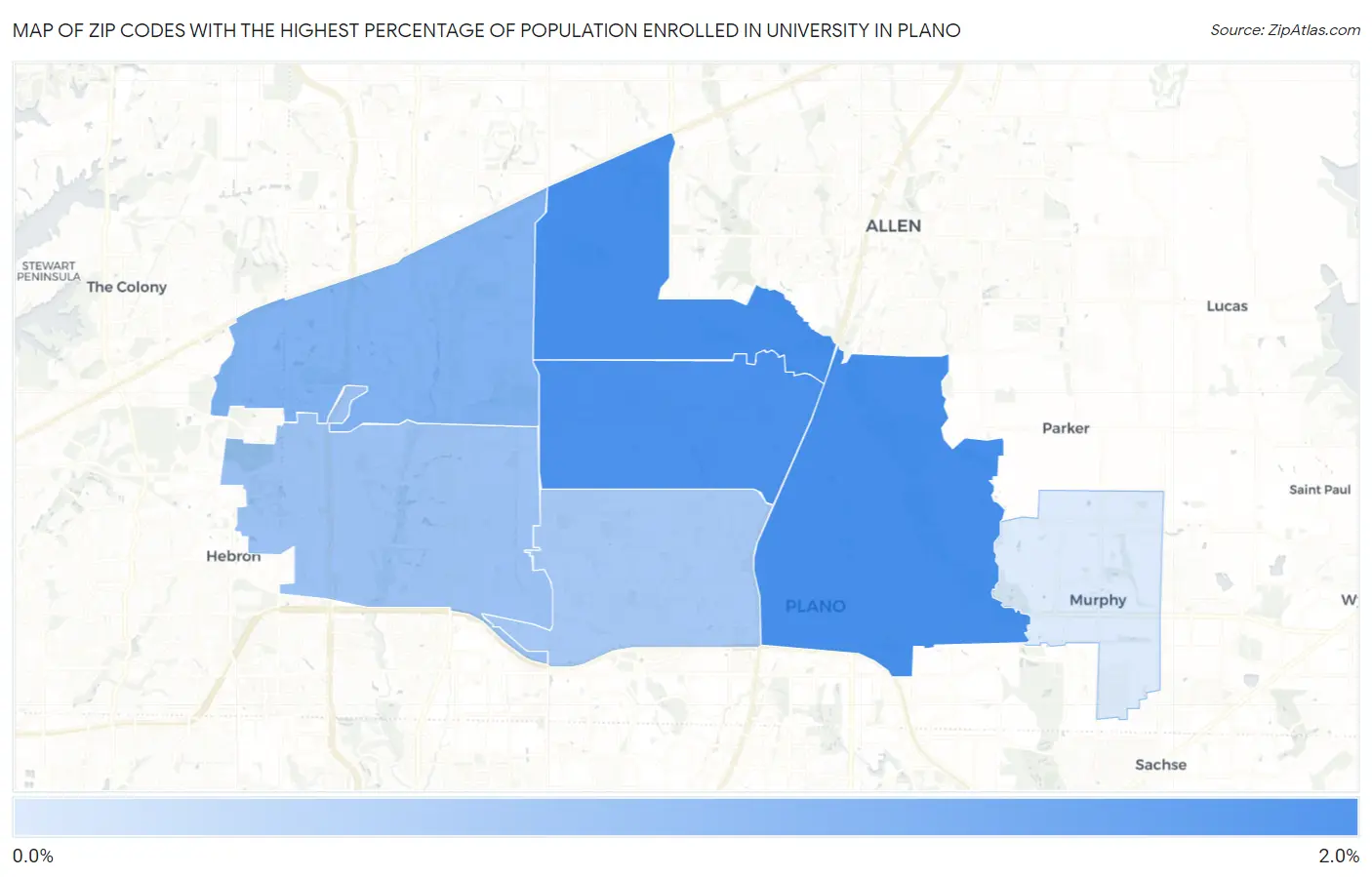 Zip Codes with the Highest Percentage of Population Enrolled in University in Plano Map