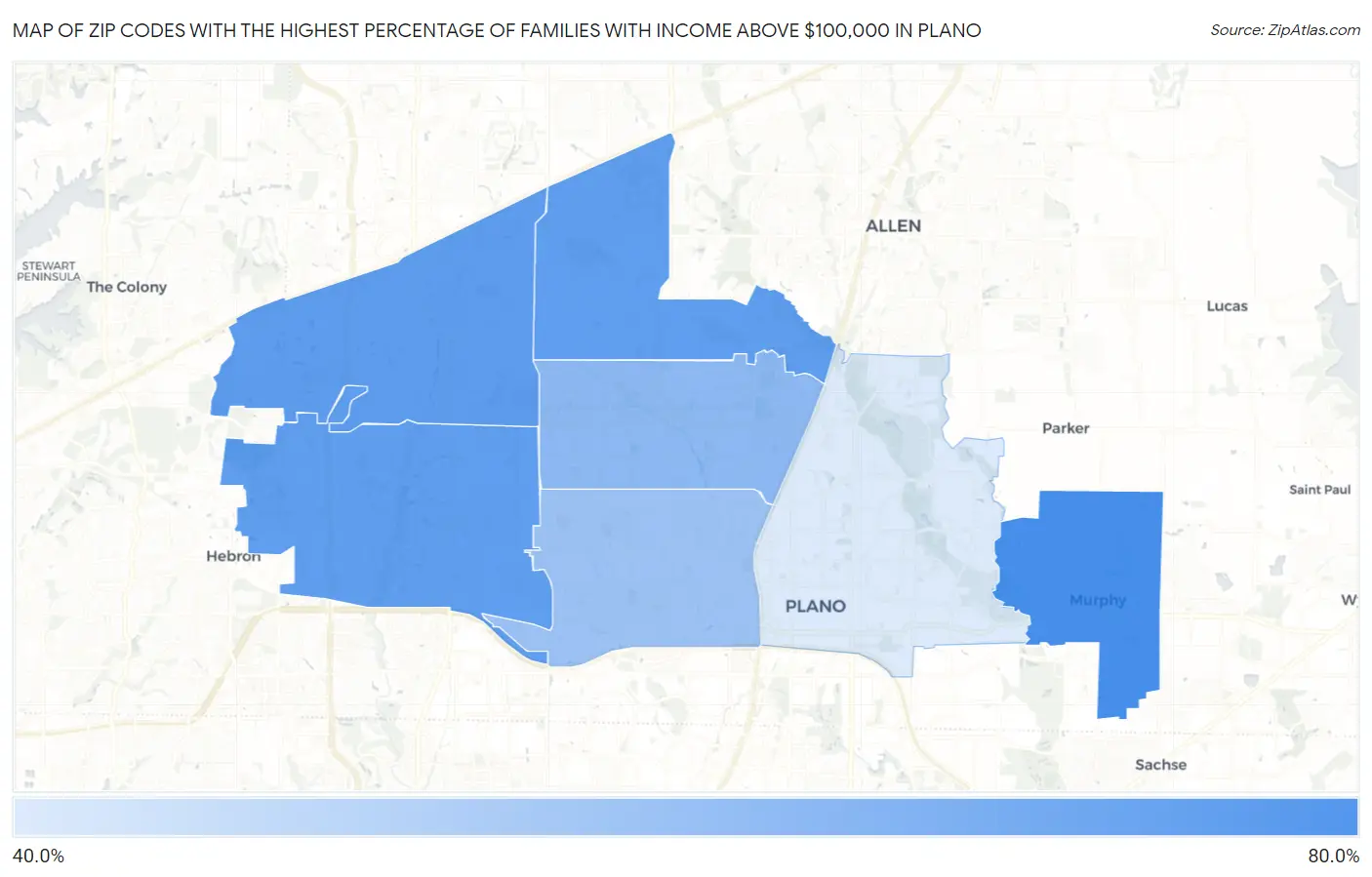 Zip Codes with the Highest Percentage of Families with Income Above $100,000 in Plano Map