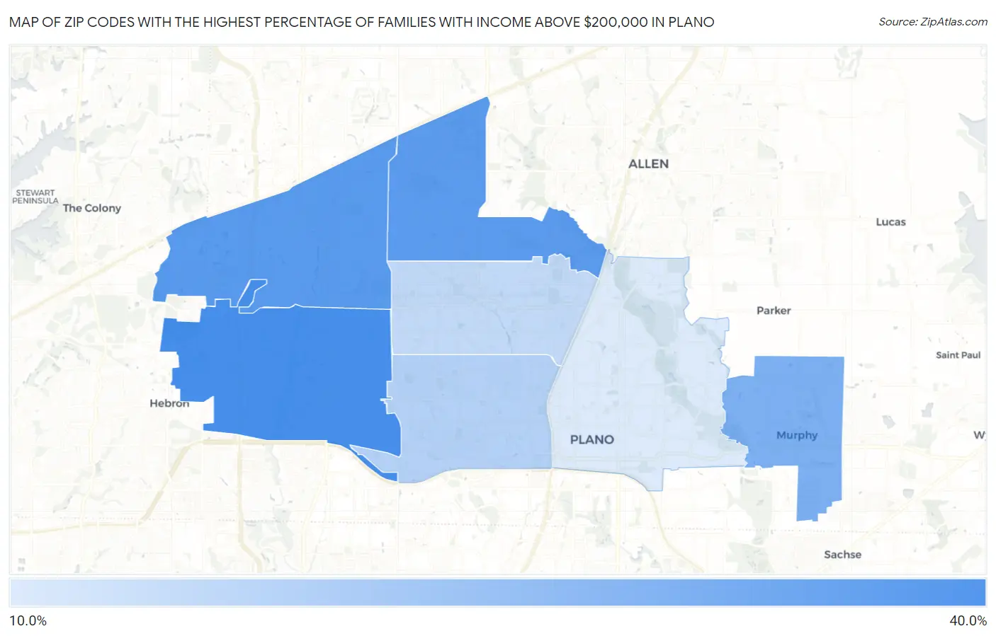 Zip Codes with the Highest Percentage of Families with Income Above $200,000 in Plano Map