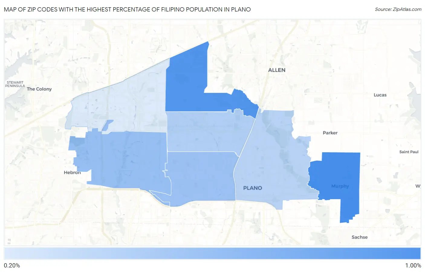 Zip Codes with the Highest Percentage of Filipino Population in Plano Map