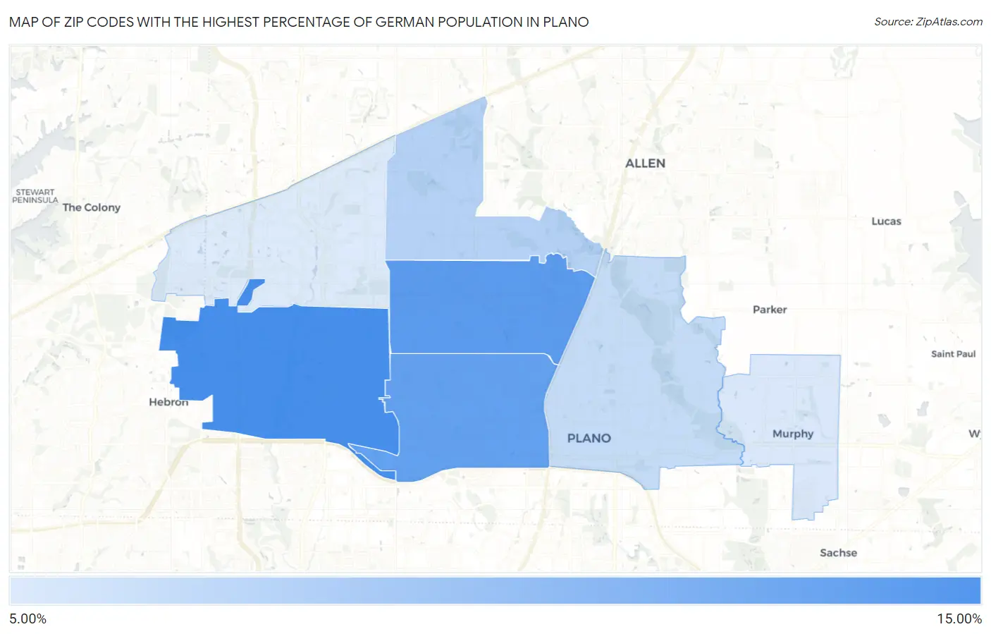 Zip Codes with the Highest Percentage of German Population in Plano Map