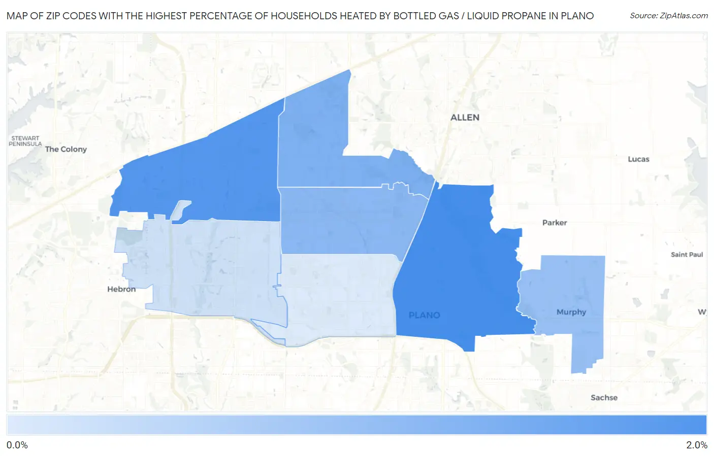 Zip Codes with the Highest Percentage of Households Heated by Bottled Gas / Liquid Propane in Plano Map