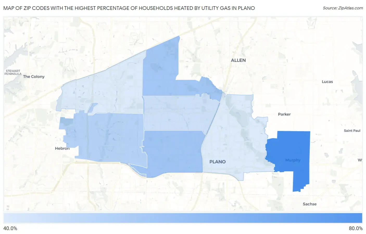 Zip Codes with the Highest Percentage of Households Heated by Utility Gas in Plano Map