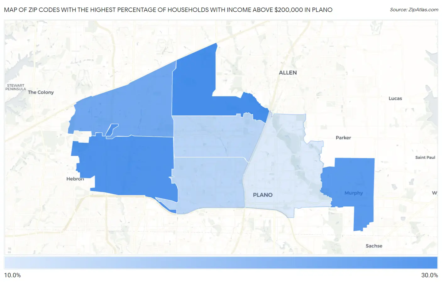 Zip Codes with the Highest Percentage of Households with Income Above $200,000 in Plano Map