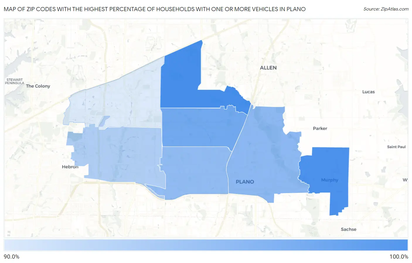 Zip Codes with the Highest Percentage of Households With One or more Vehicles in Plano Map