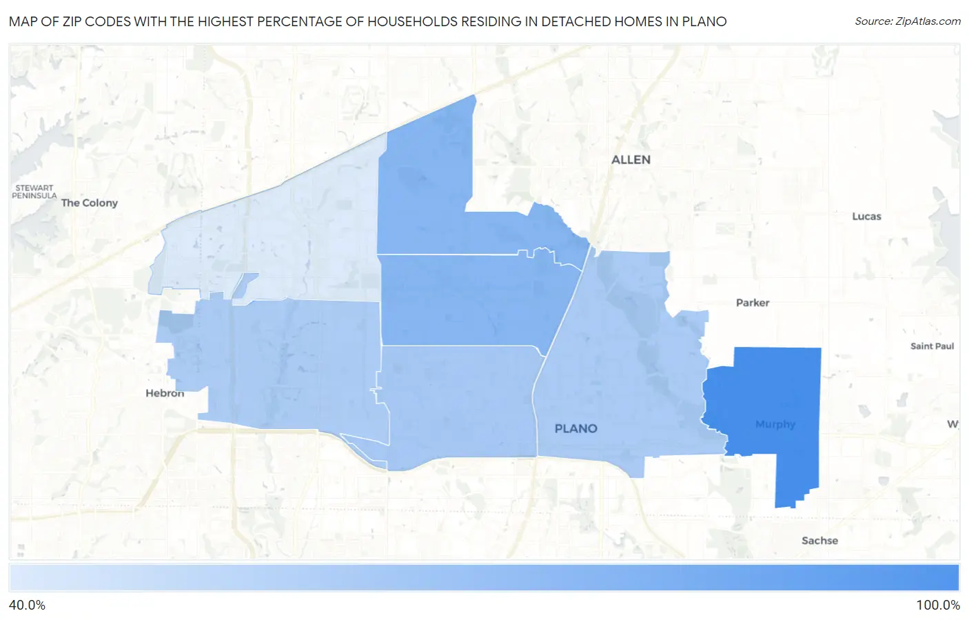 Zip Codes with the Highest Percentage of Households Residing in Detached Homes in Plano Map