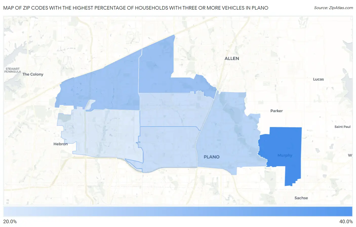 Zip Codes with the Highest Percentage of Households With Three or more Vehicles in Plano Map