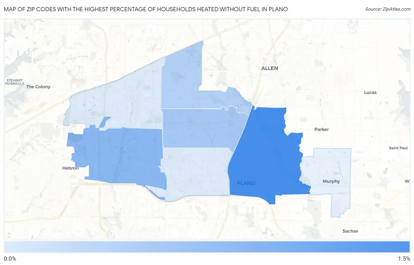 Zip Codes with the Highest Percentage of Households Heated without Fuel in Plano Map