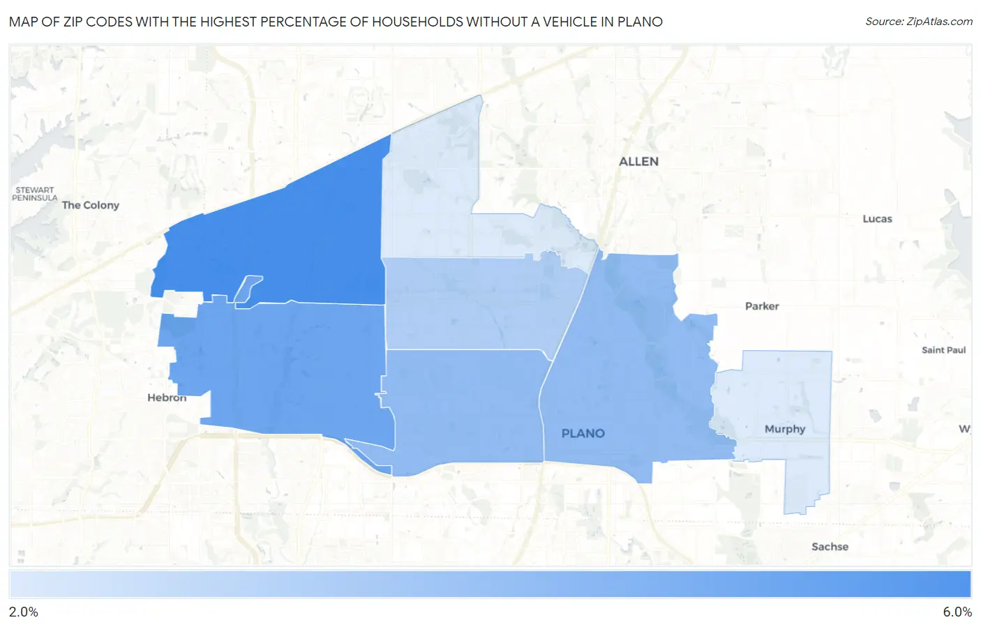 Zip Codes with the Highest Percentage of Households Without a Vehicle in Plano Map