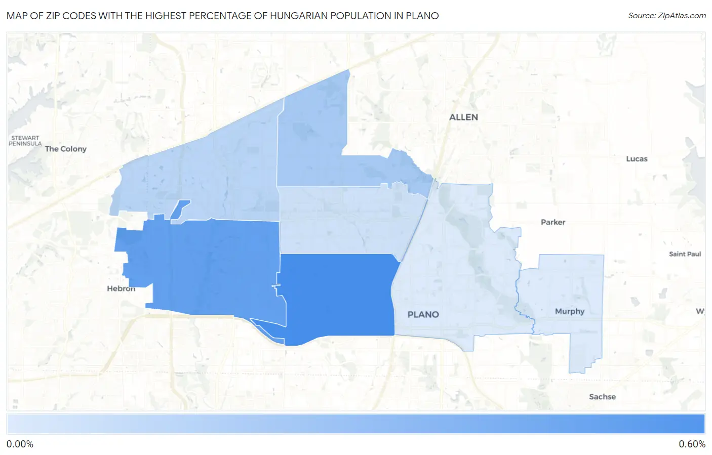 Zip Codes with the Highest Percentage of Hungarian Population in Plano Map