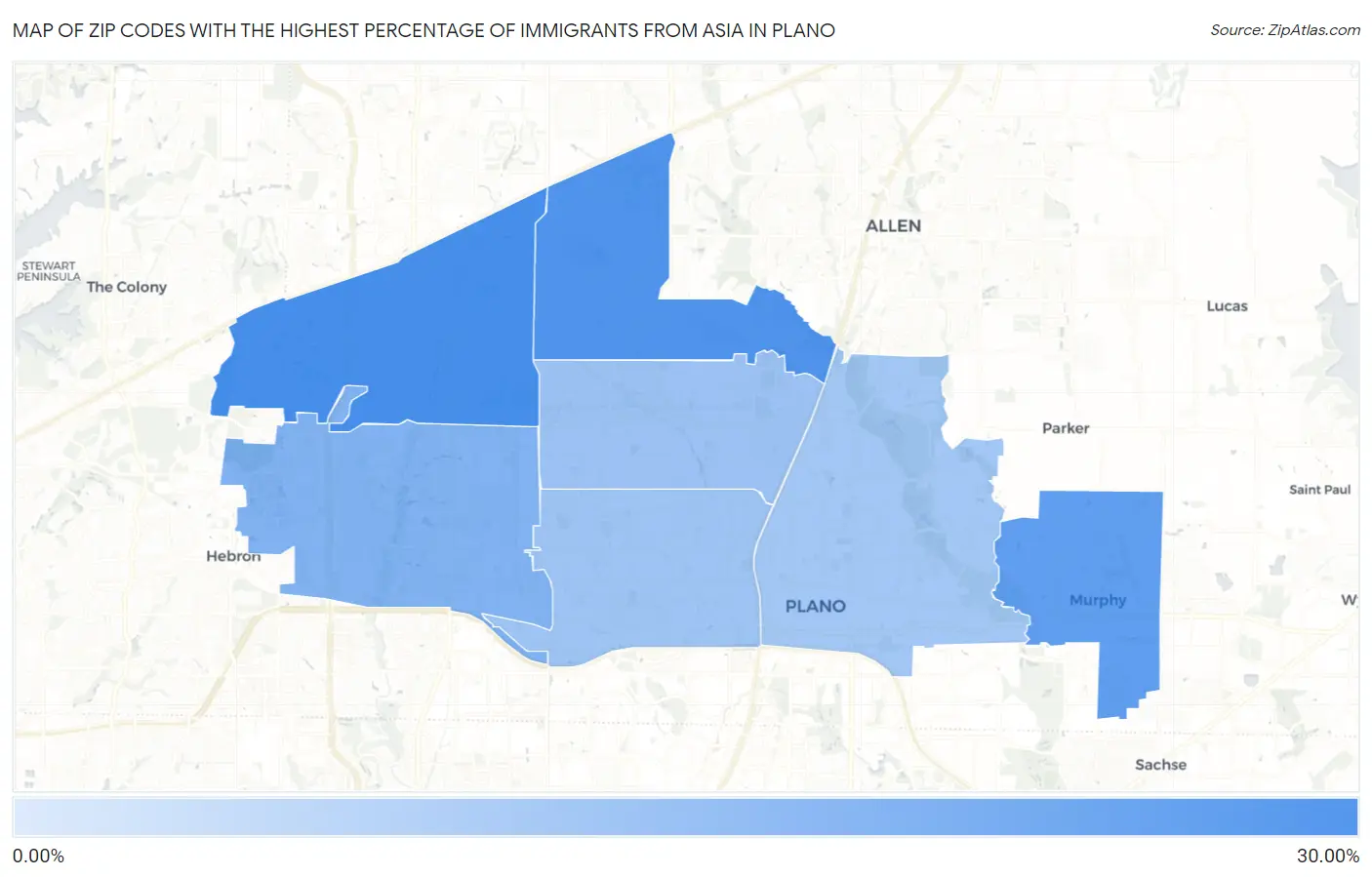 Zip Codes with the Highest Percentage of Immigrants from Asia in Plano Map