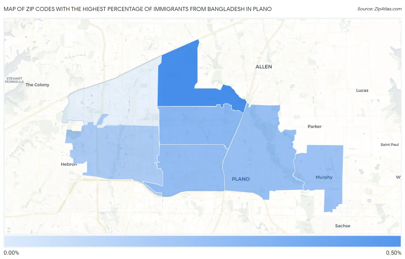 Zip Codes with the Highest Percentage of Immigrants from Bangladesh in Plano Map