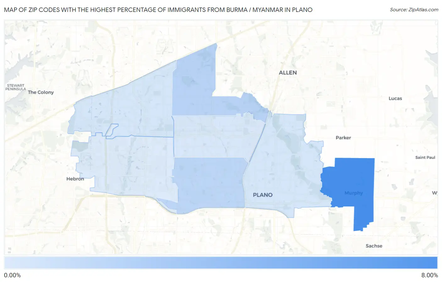 Zip Codes with the Highest Percentage of Immigrants from Burma / Myanmar in Plano Map