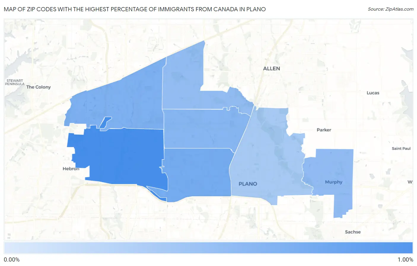 Zip Codes with the Highest Percentage of Immigrants from Canada in Plano Map