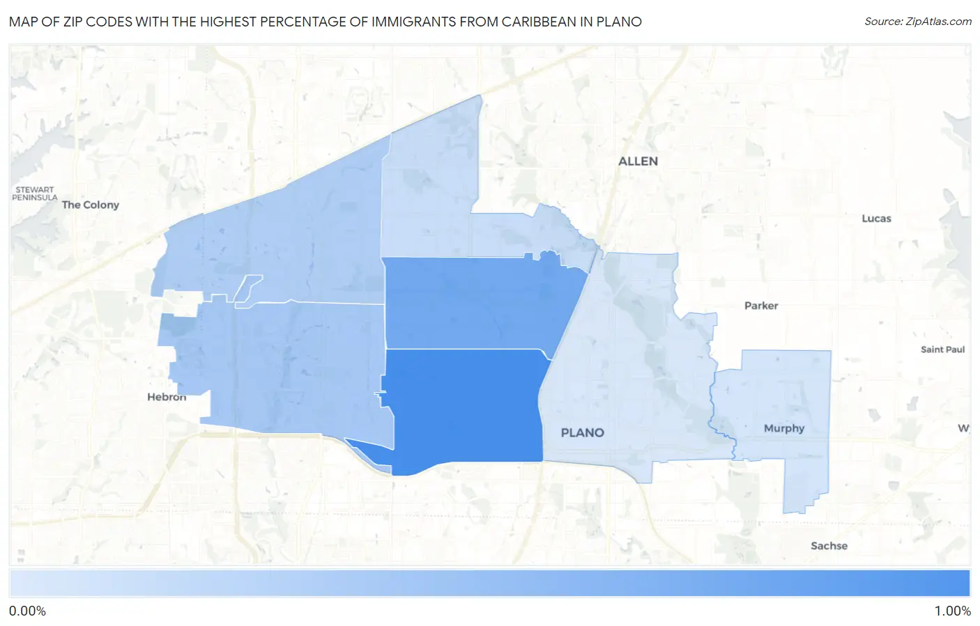 Zip Codes with the Highest Percentage of Immigrants from Caribbean in Plano Map