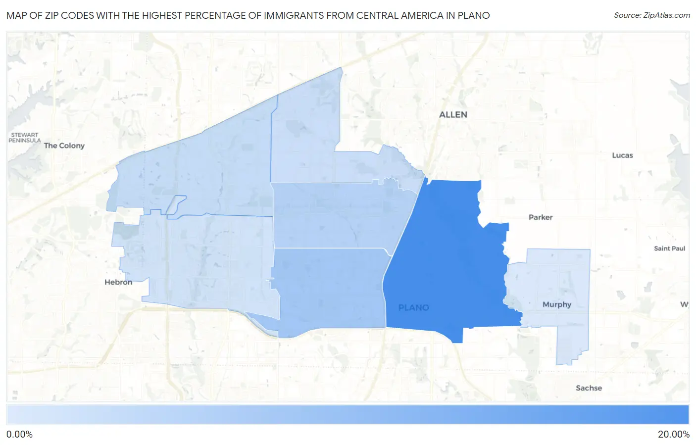 Zip Codes with the Highest Percentage of Immigrants from Central America in Plano Map