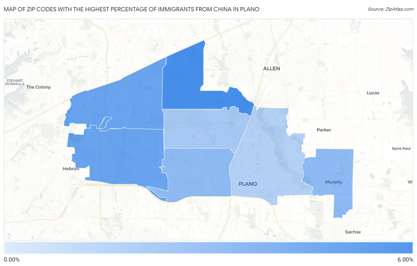 Zip Codes with the Highest Percentage of Immigrants from China in Plano Map