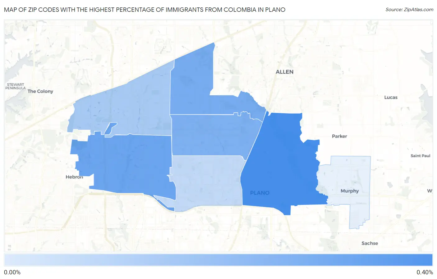 Zip Codes with the Highest Percentage of Immigrants from Colombia in Plano Map