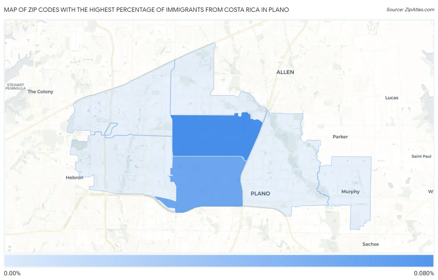 Zip Codes with the Highest Percentage of Immigrants from Costa Rica in Plano Map