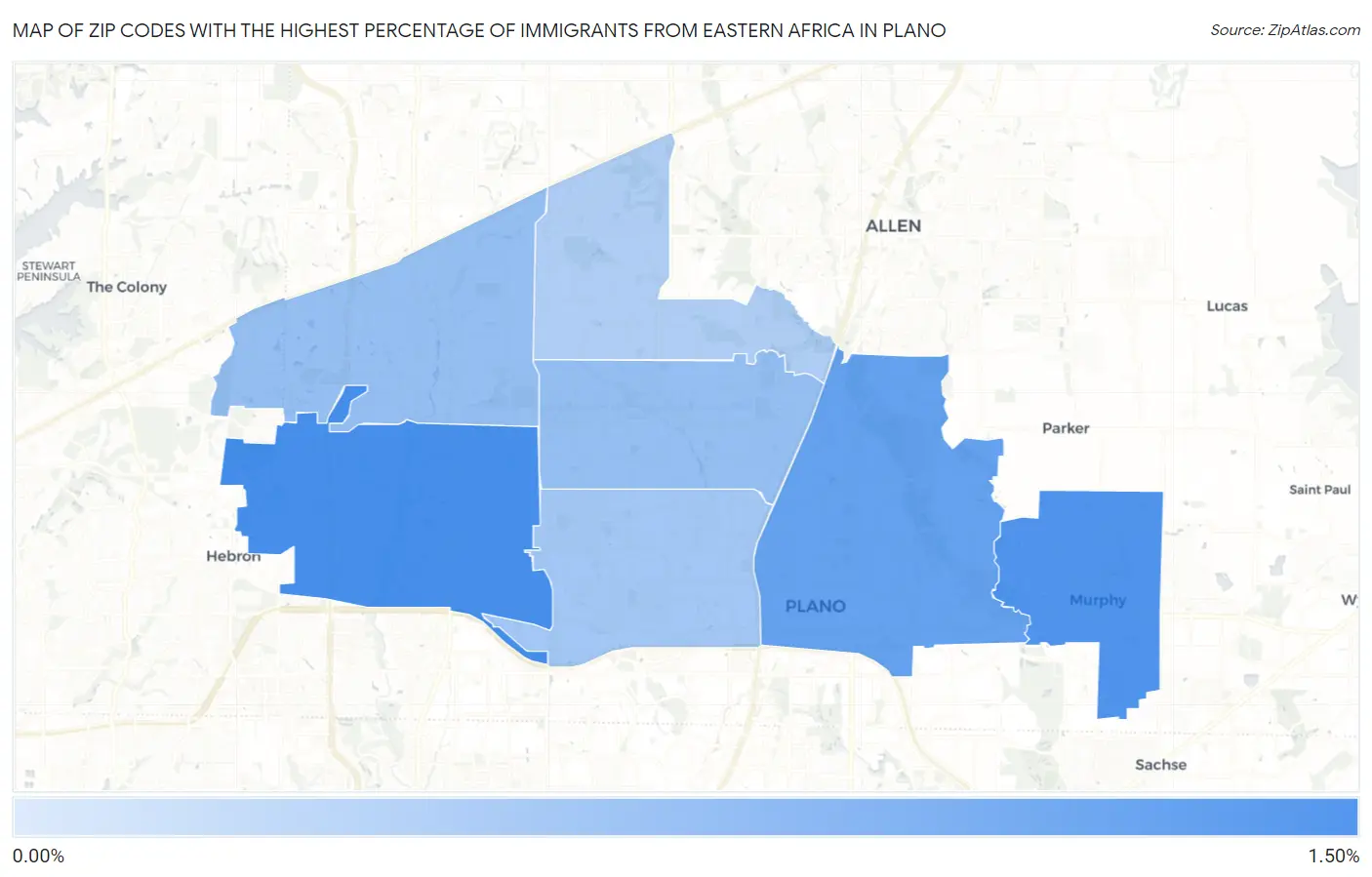Zip Codes with the Highest Percentage of Immigrants from Eastern Africa in Plano Map