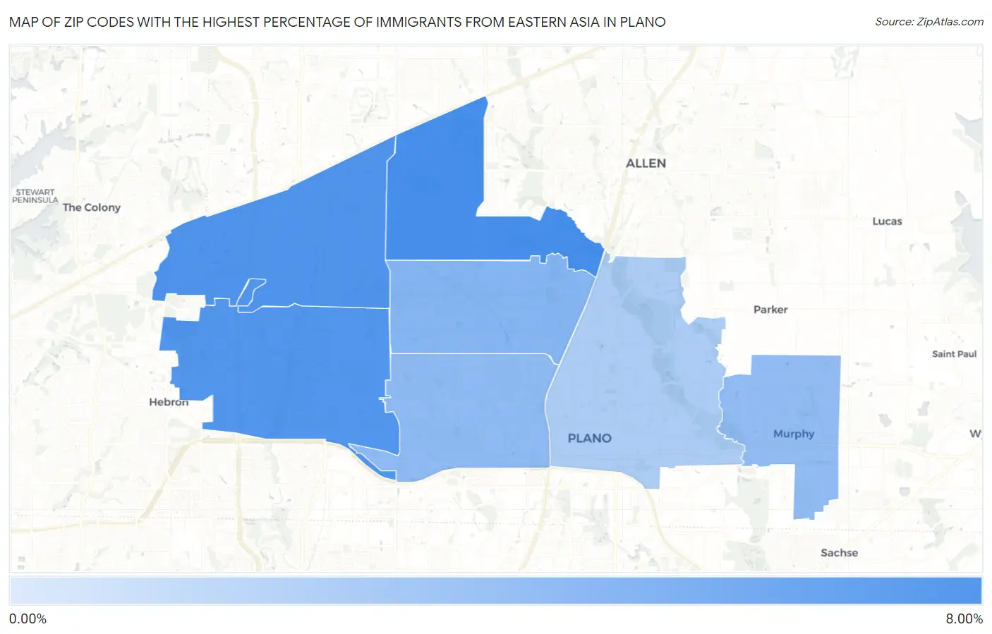 Zip Codes with the Highest Percentage of Immigrants from Eastern Asia in Plano Map