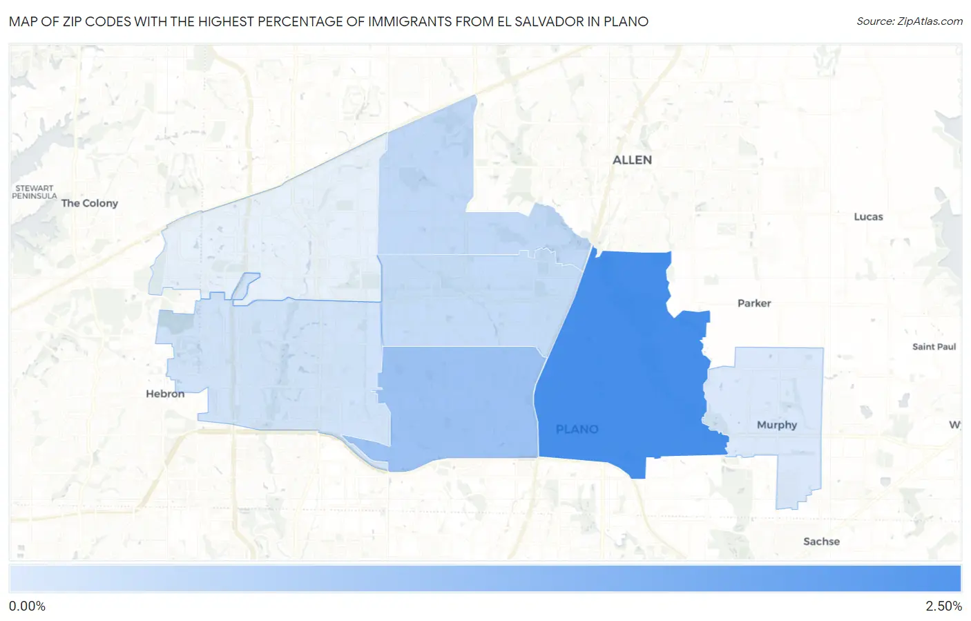 Zip Codes with the Highest Percentage of Immigrants from El Salvador in Plano Map
