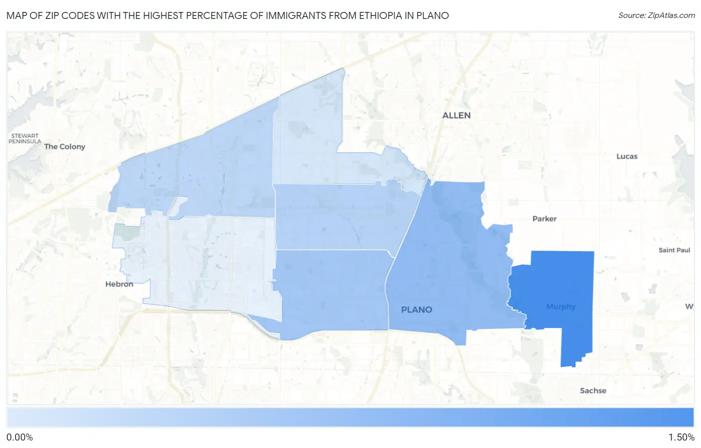 Zip Codes with the Highest Percentage of Immigrants from Ethiopia in Plano Map