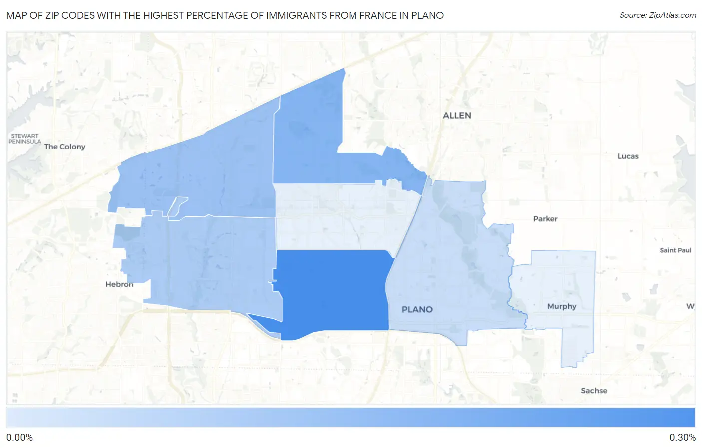Zip Codes with the Highest Percentage of Immigrants from France in Plano Map