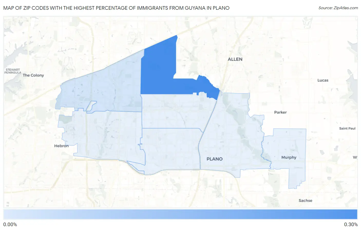 Zip Codes with the Highest Percentage of Immigrants from Guyana in Plano Map