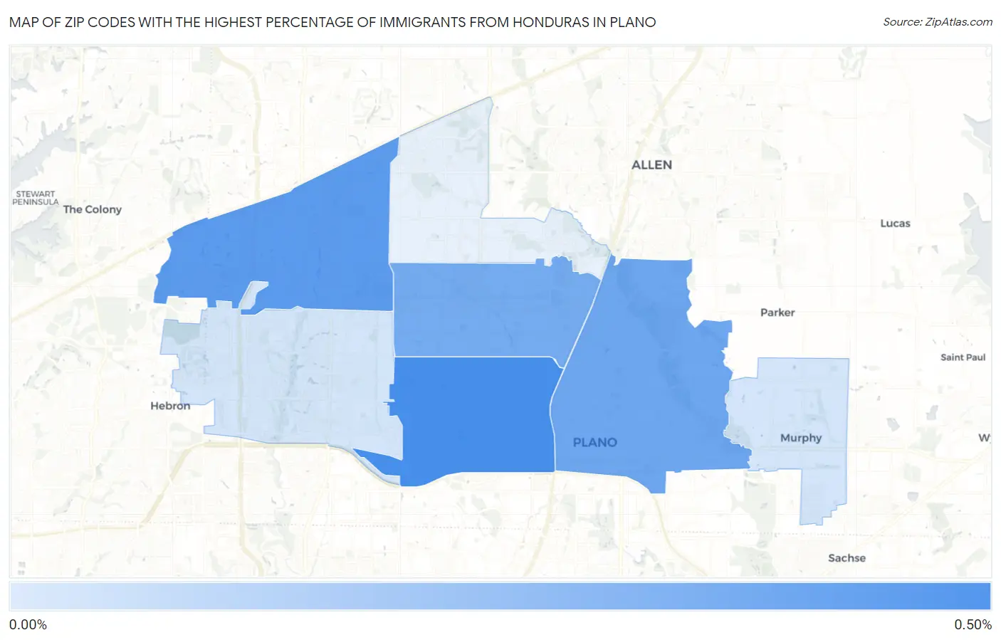 Zip Codes with the Highest Percentage of Immigrants from Honduras in Plano Map