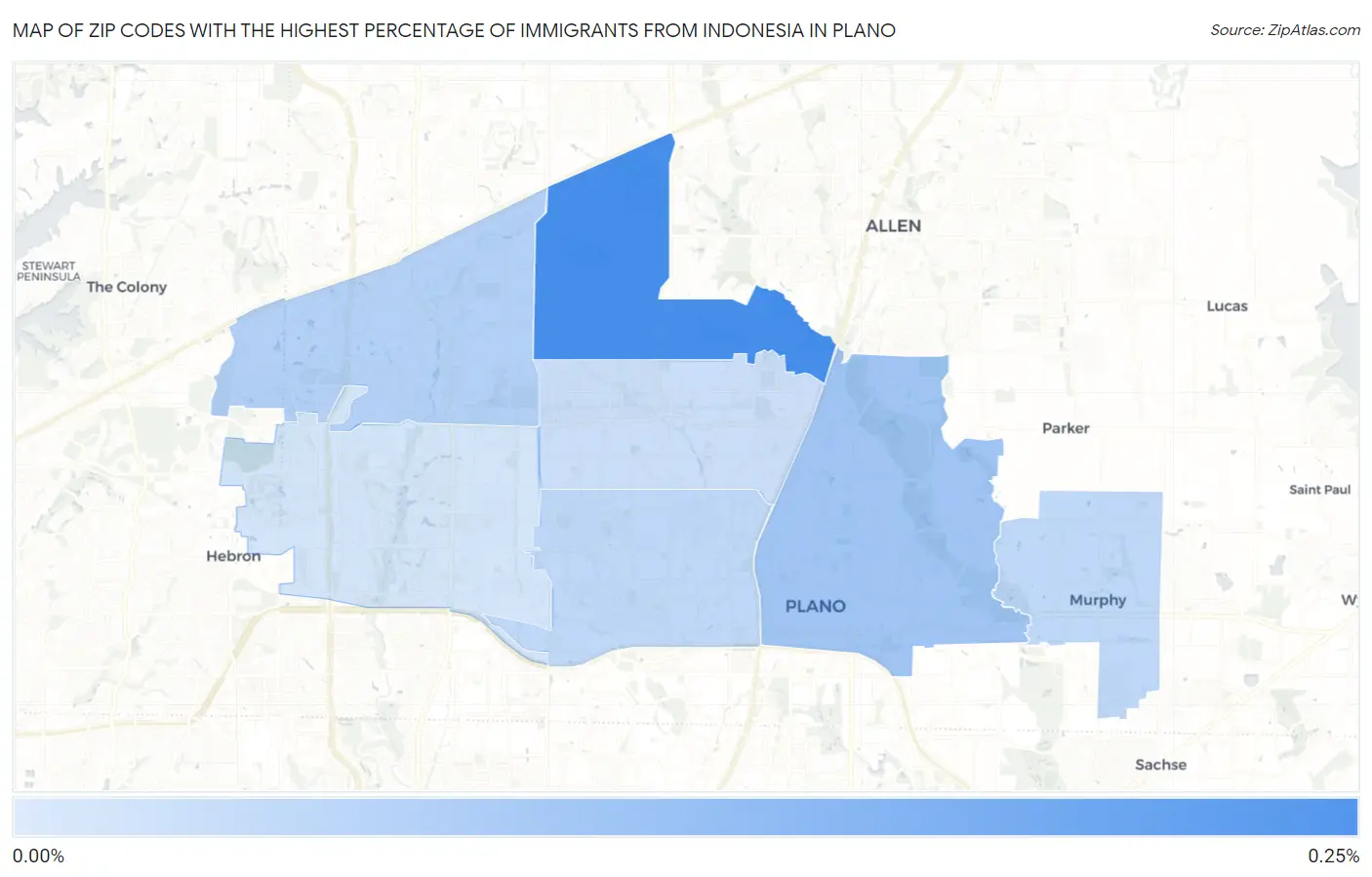 Zip Codes with the Highest Percentage of Immigrants from Indonesia in Plano Map