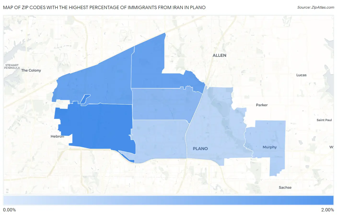 Zip Codes with the Highest Percentage of Immigrants from Iran in Plano Map