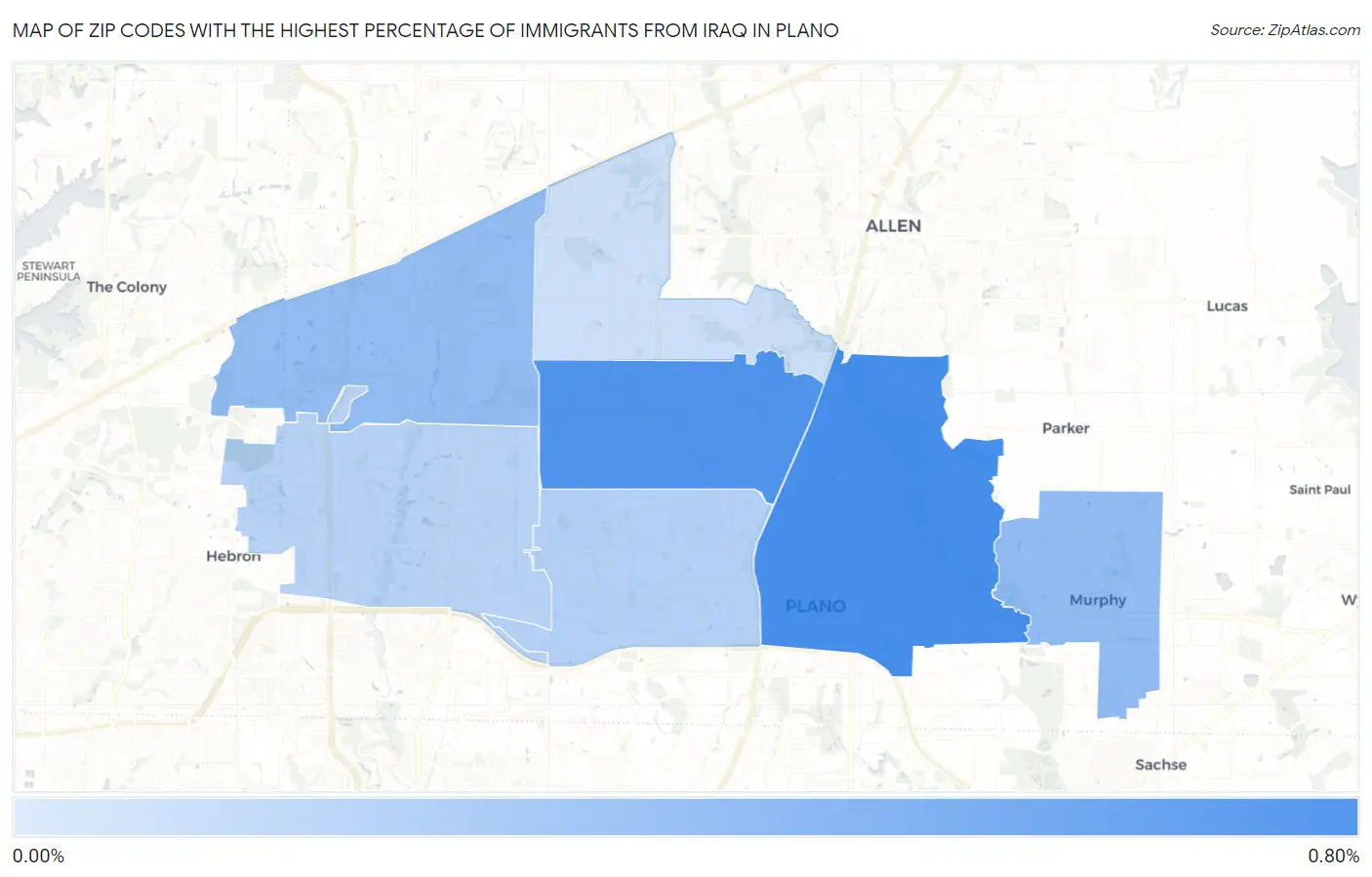 Zip Codes with the Highest Percentage of Immigrants from Iraq in Plano Map
