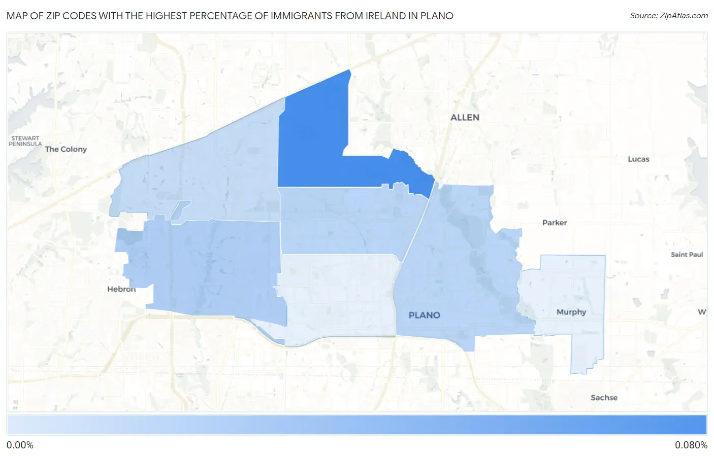 Zip Codes with the Highest Percentage of Immigrants from Ireland in Plano Map