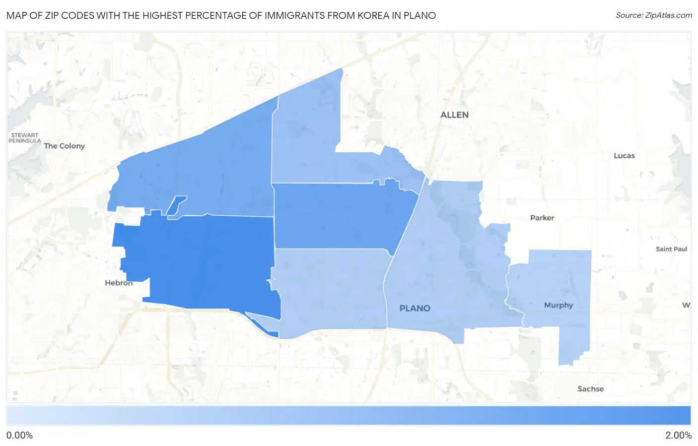 Zip Codes with the Highest Percentage of Immigrants from Korea in Plano Map