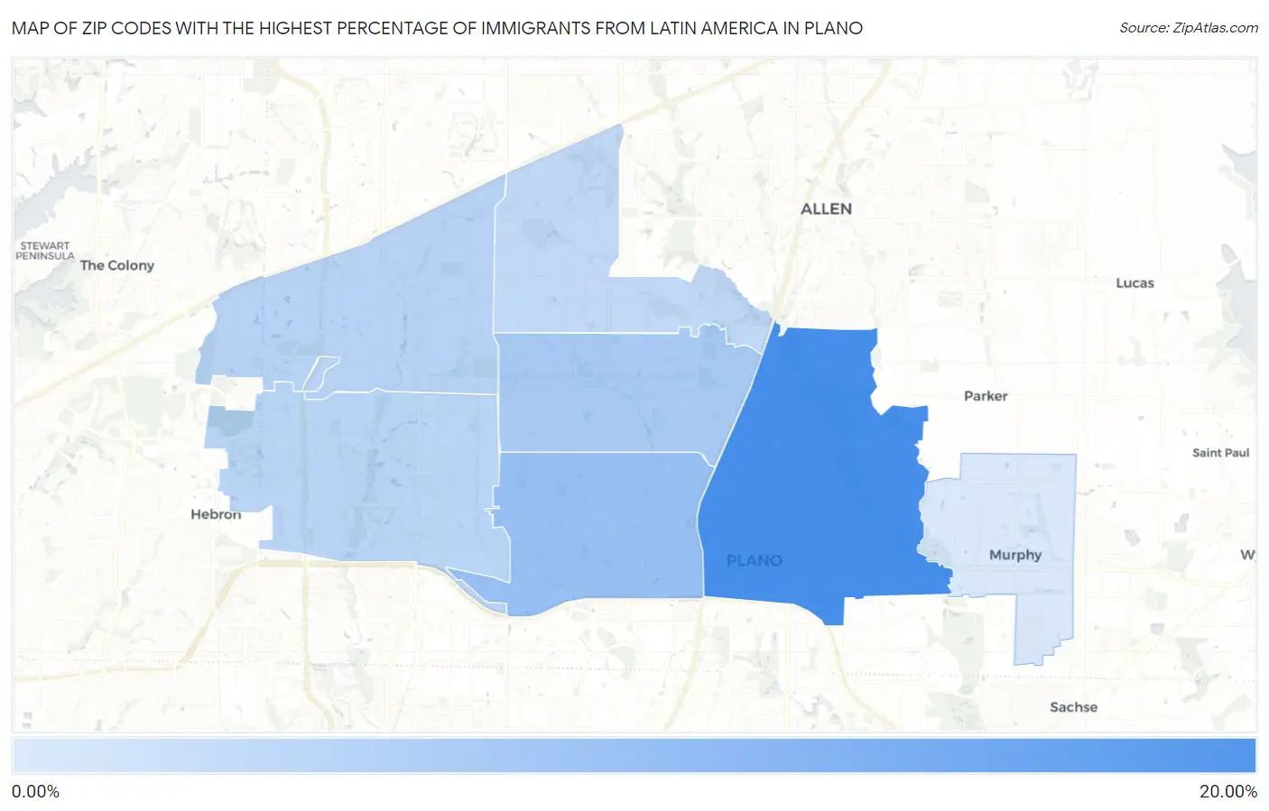 Zip Codes with the Highest Percentage of Immigrants from Latin America in Plano Map