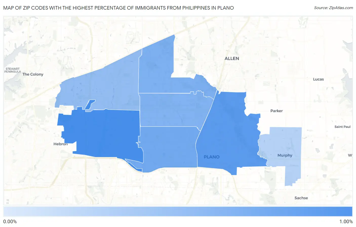 Zip Codes with the Highest Percentage of Immigrants from Philippines in Plano Map