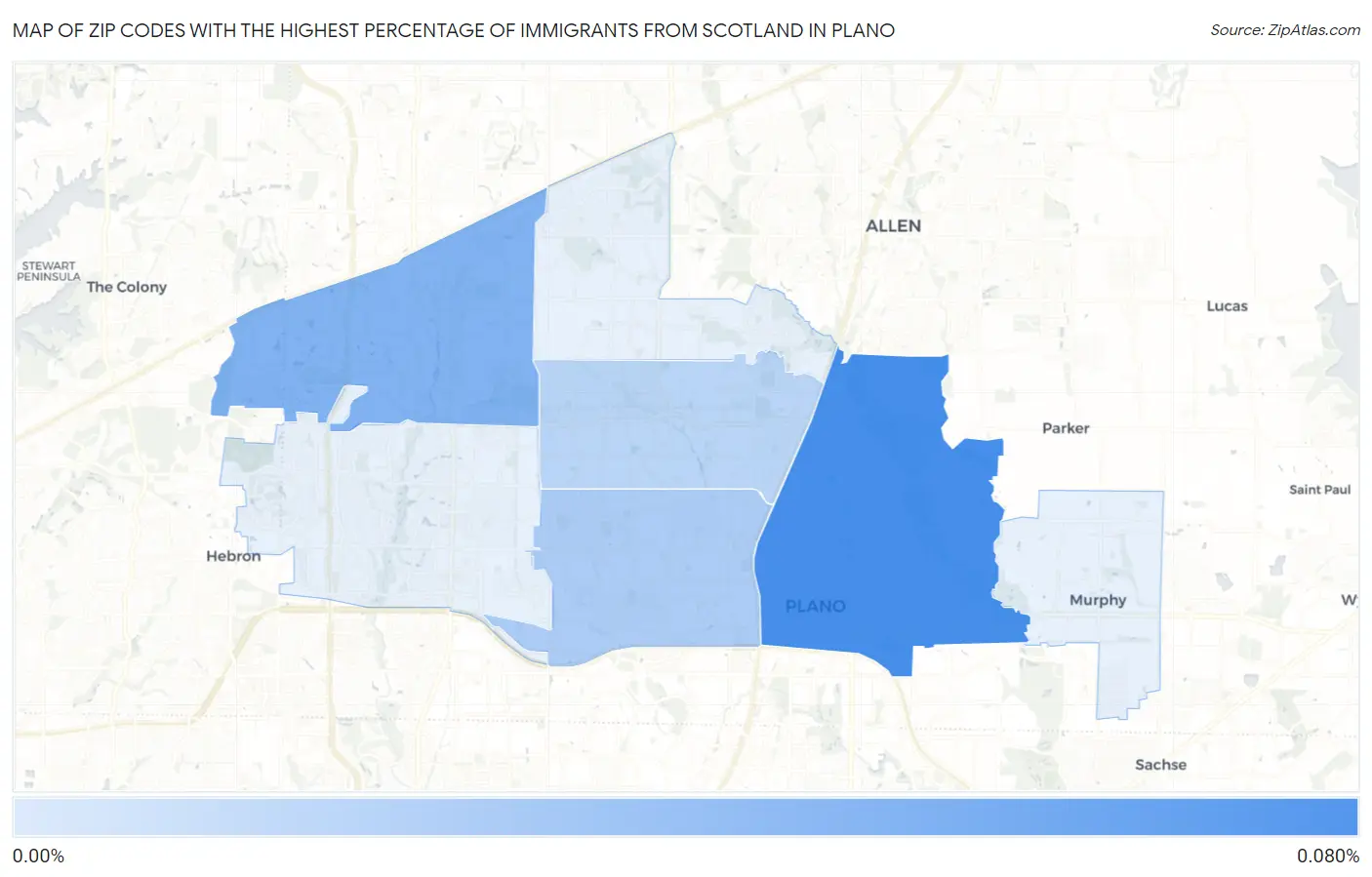 Zip Codes with the Highest Percentage of Immigrants from Scotland in Plano Map
