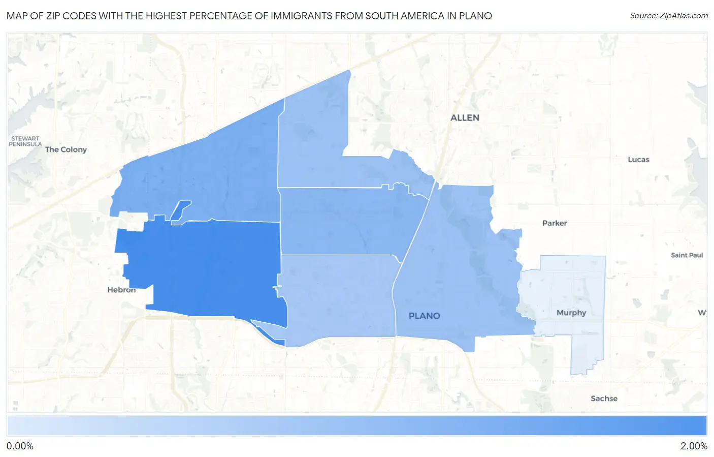 Zip Codes with the Highest Percentage of Immigrants from South America in Plano Map