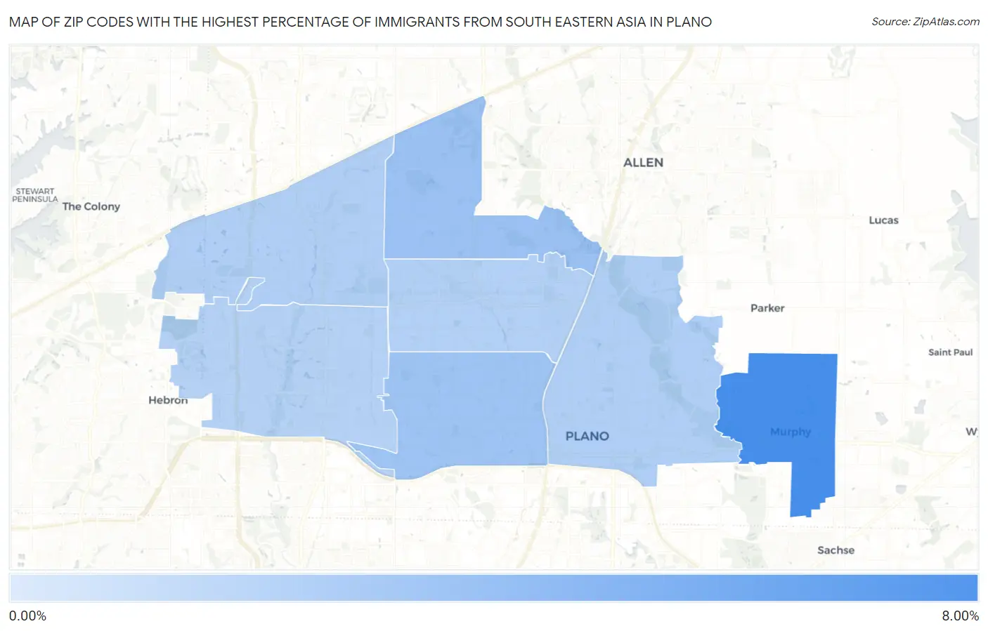 Zip Codes with the Highest Percentage of Immigrants from South Eastern Asia in Plano Map