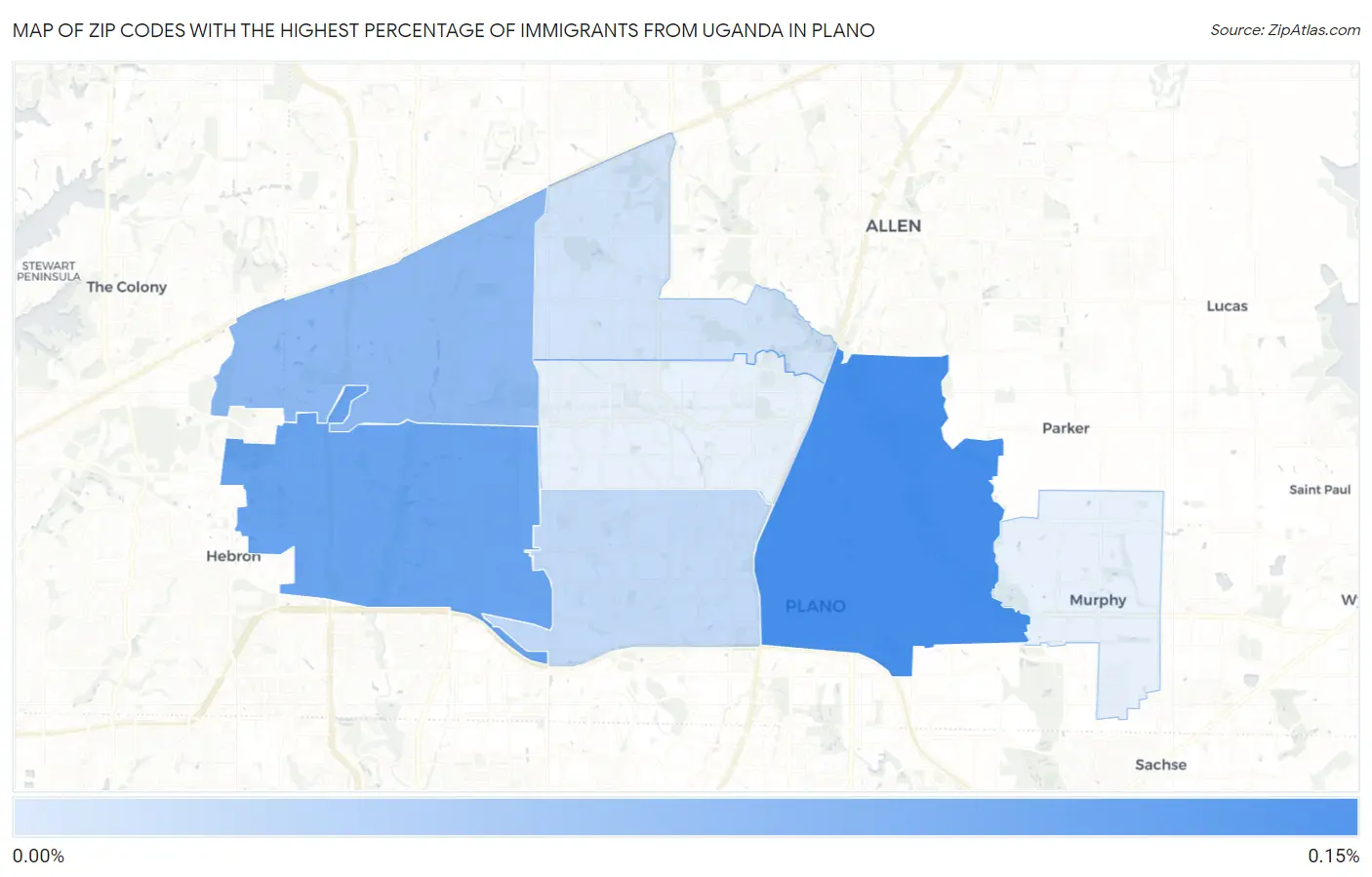 Zip Codes with the Highest Percentage of Immigrants from Uganda in Plano Map