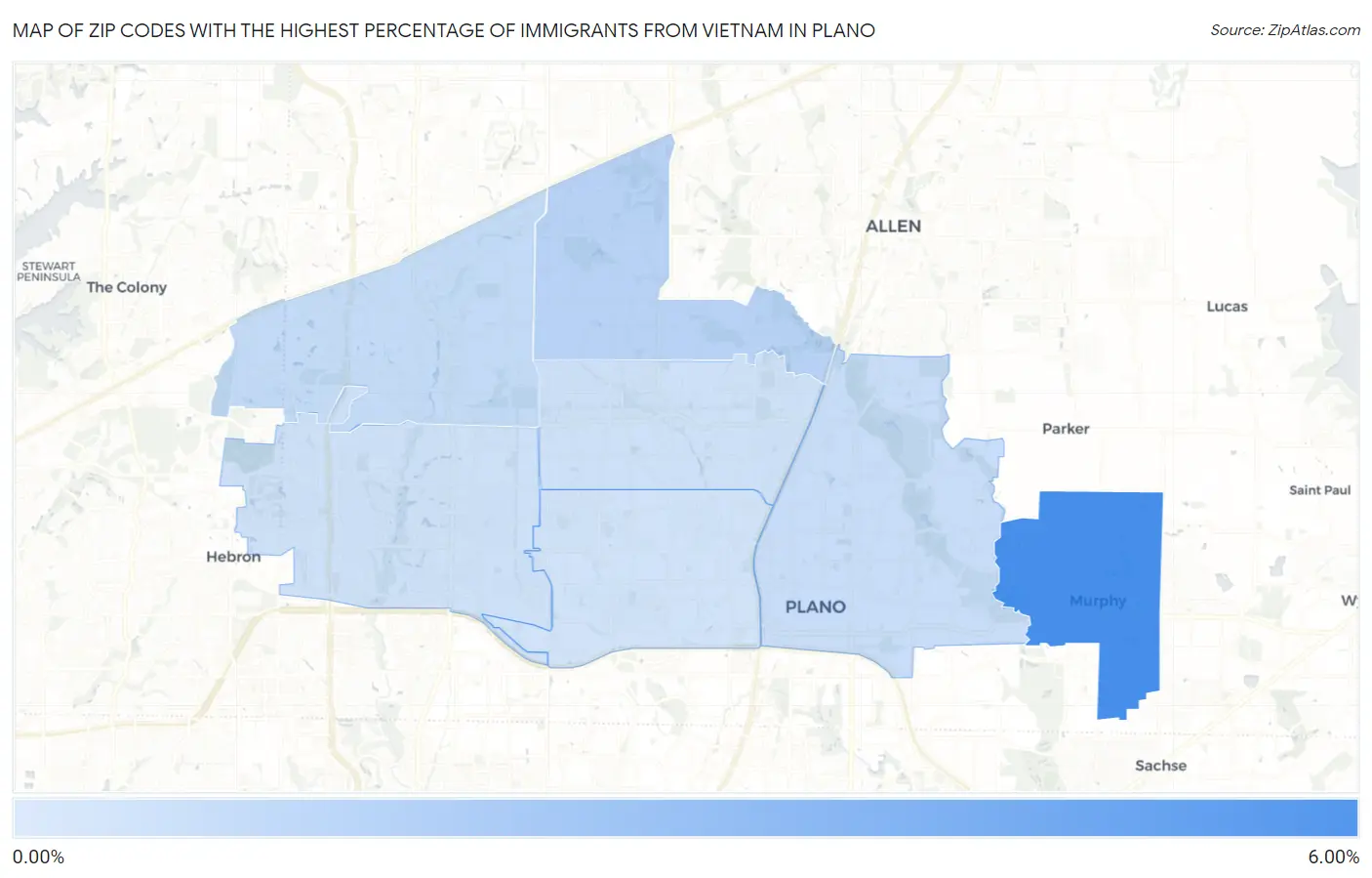 Zip Codes with the Highest Percentage of Immigrants from Vietnam in Plano Map