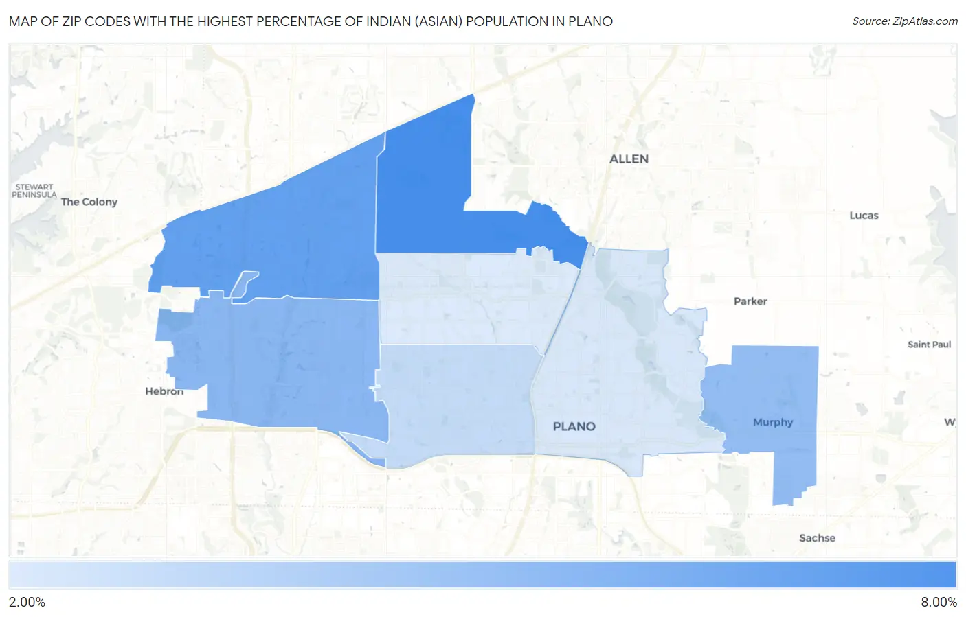 Zip Codes with the Highest Percentage of Indian (Asian) Population in Plano Map