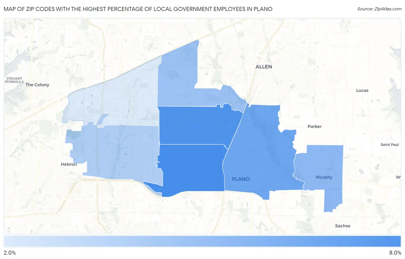 Zip Codes with the Highest Percentage of Local Government Employees in Plano Map
