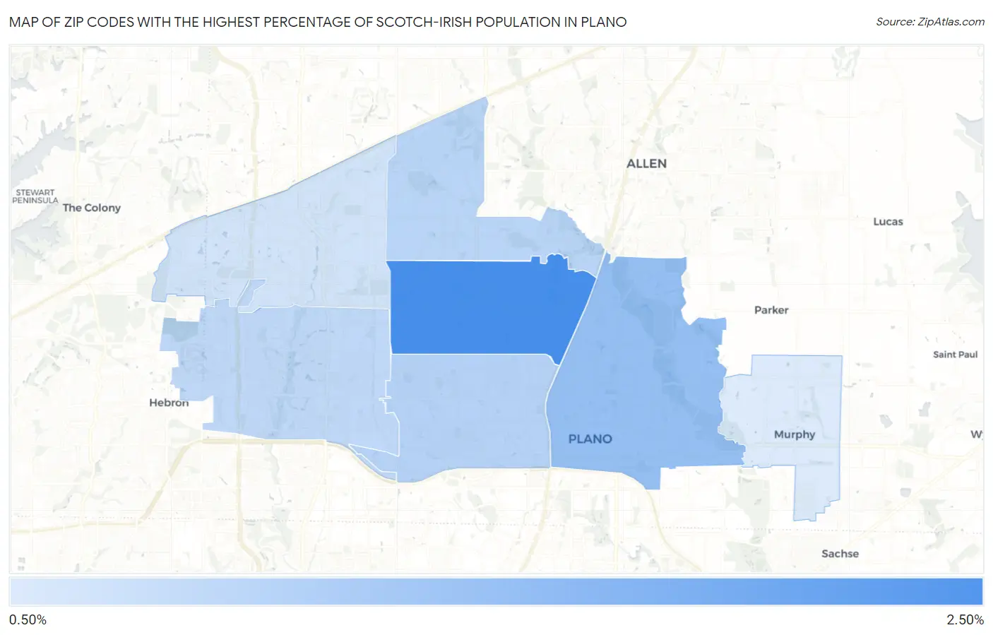 Zip Codes with the Highest Percentage of Scotch-Irish Population in Plano Map