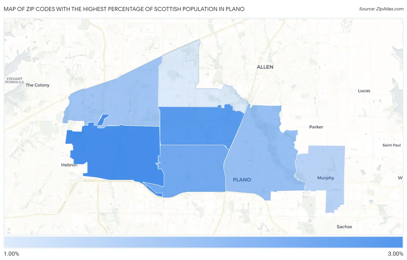 Zip Codes with the Highest Percentage of Scottish Population in Plano Map