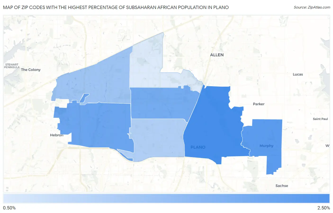 Zip Codes with the Highest Percentage of Subsaharan African Population in Plano Map