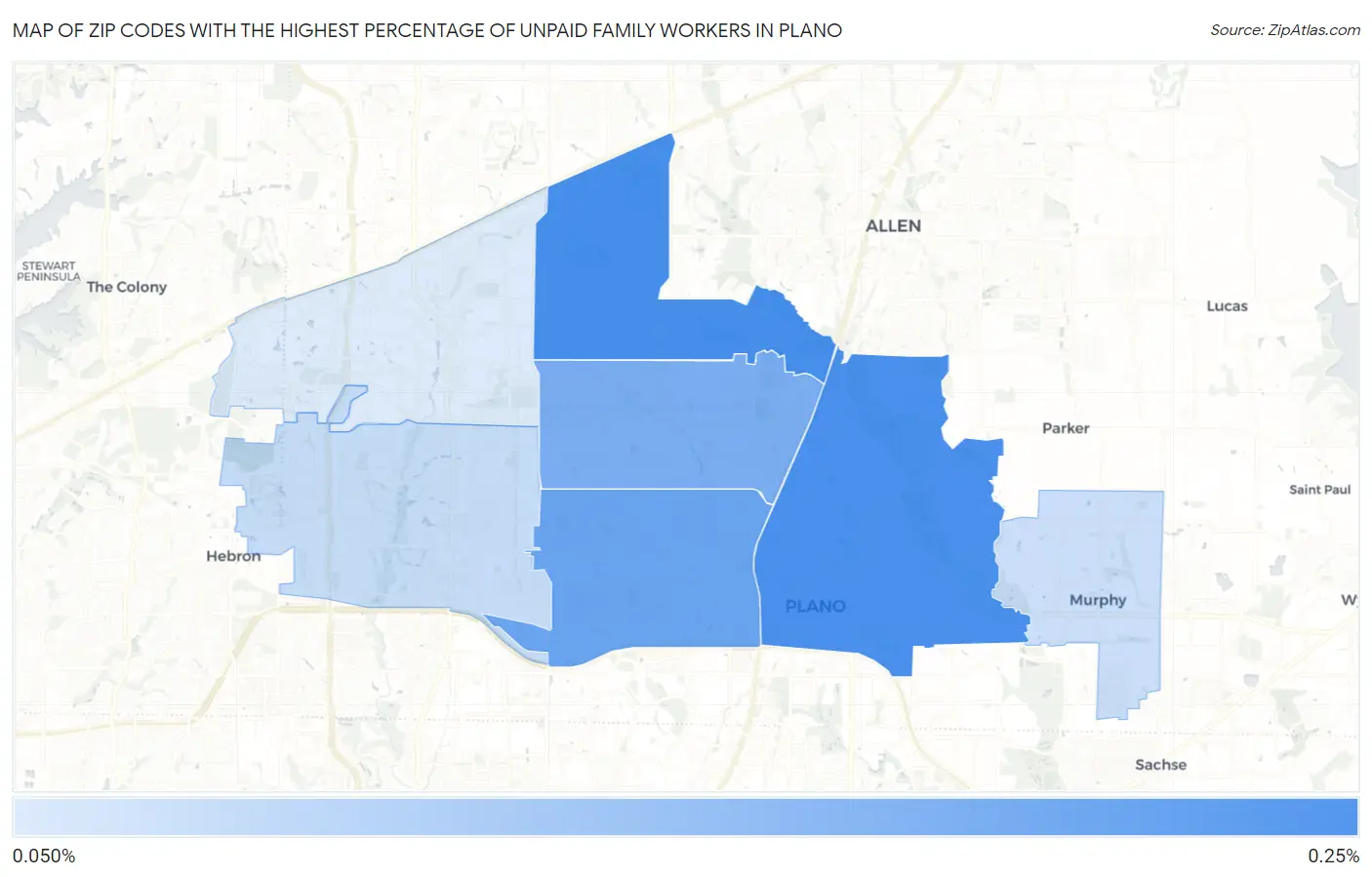 Zip Codes with the Highest Percentage of Unpaid Family Workers in Plano Map