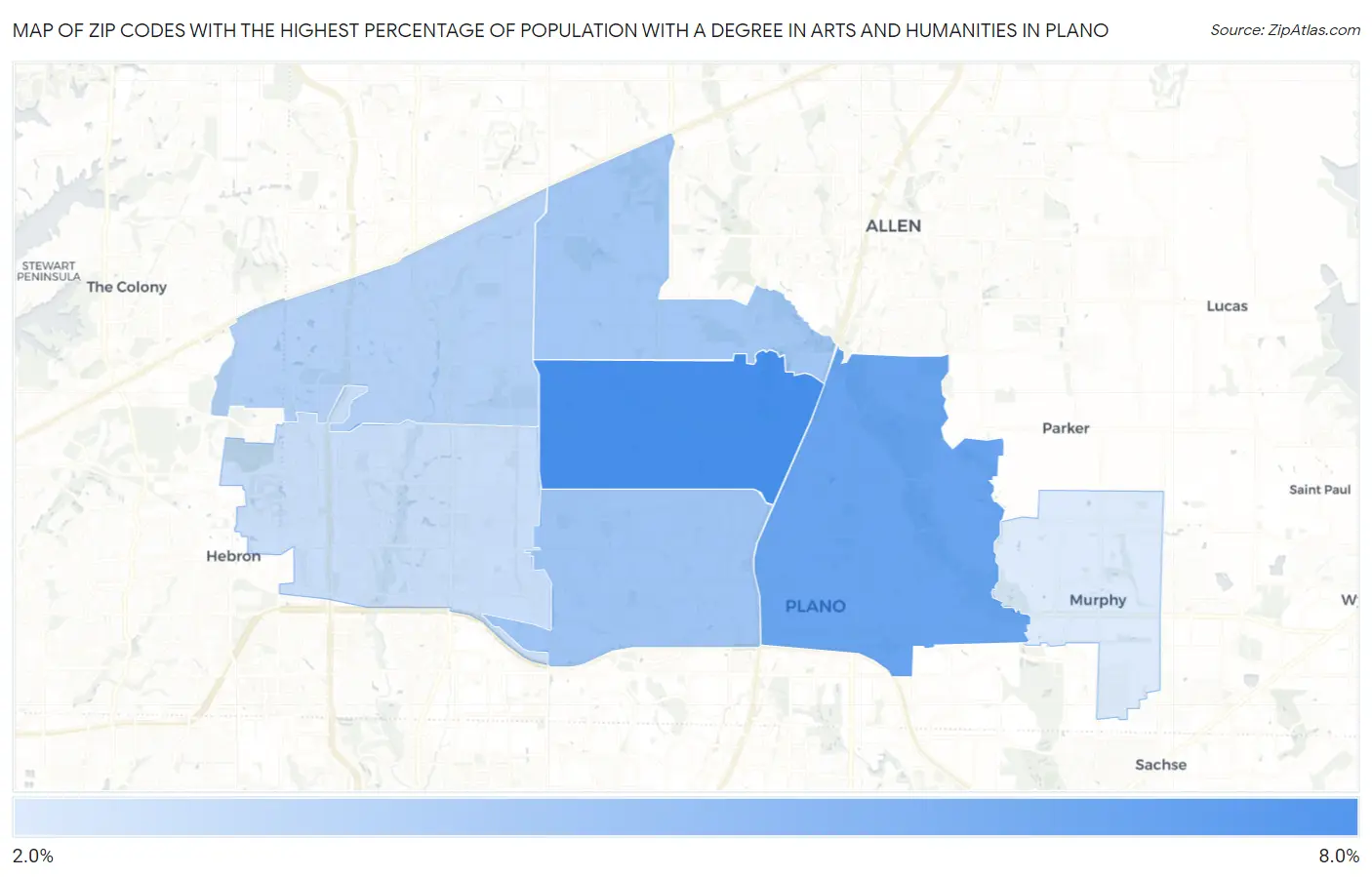 Zip Codes with the Highest Percentage of Population with a Degree in Arts and Humanities in Plano Map