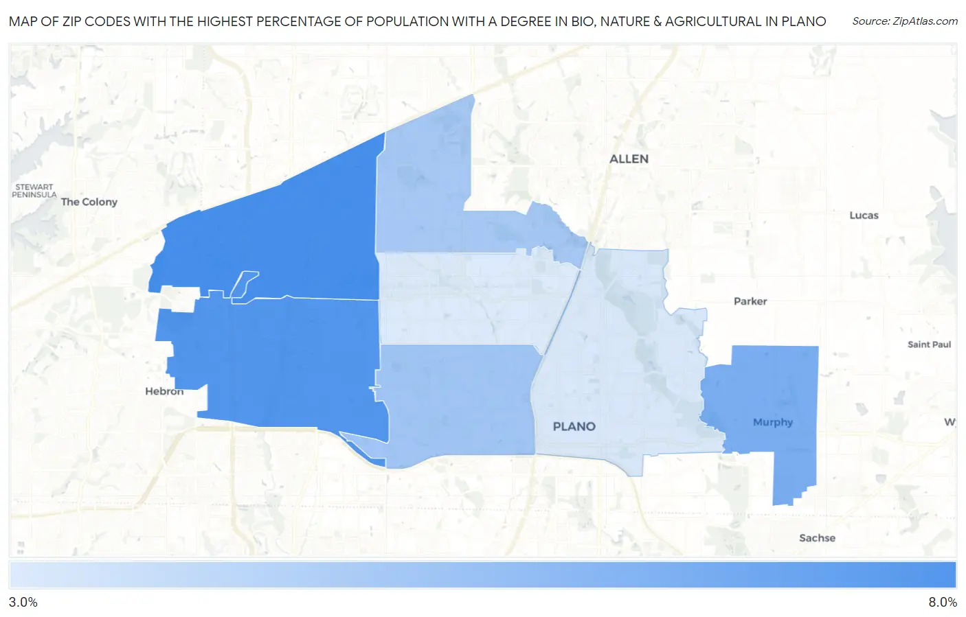 Zip Codes with the Highest Percentage of Population with a Degree in Bio, Nature & Agricultural in Plano Map